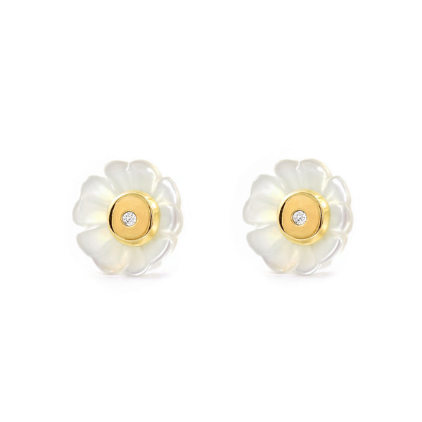 Boucles d'Oreilles Fille Enfant Nacre Fleur Zircone Or Jaune 9 Carats
