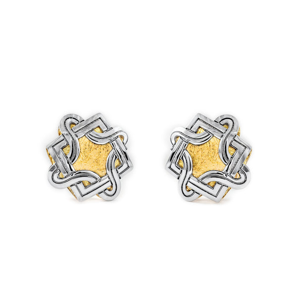 Boucles d'Oreilles Carre Or Bicolore 9 carats texturees