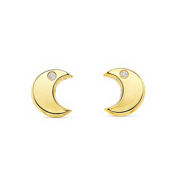 Boucles d'Oreilles Bebe Fille Enfant Lune Zircone Or Jaune 9 Carats