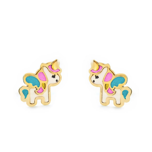 Boucles d'Oreilles Fille Enfant Émail multicolore Licorne Or Jaune 9 Carats