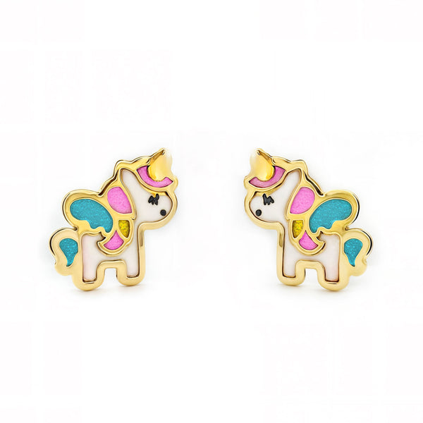 Boucles d'Oreilles Fille Enfant Émail multicolore Licorne Or Jaune 18 Carats