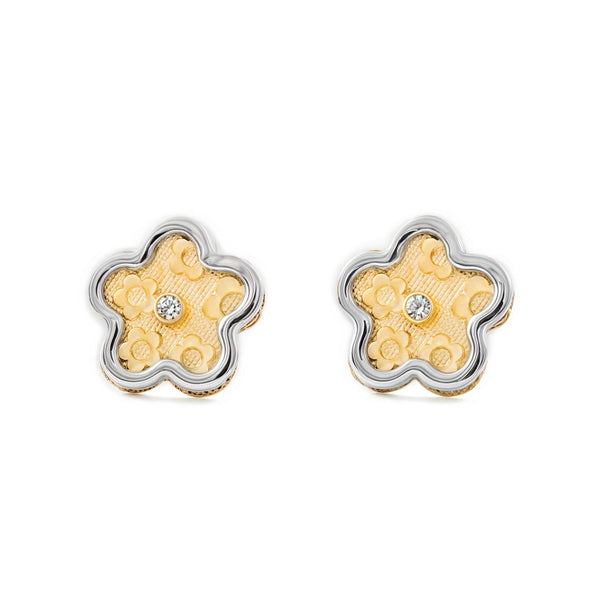Boucles d'Oreilles marguerite fleur Zircone Or Bicolore 9 carats texturees