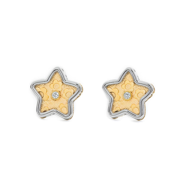 Boucles d'Oreilles Étoile Zircone Or Bicolore 9 carats texturees