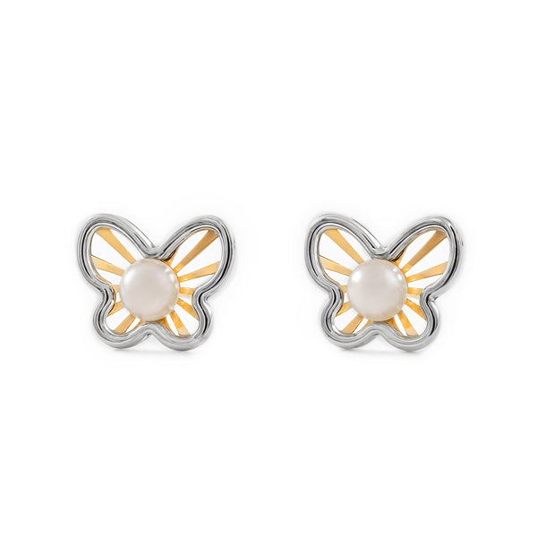 Boucles d'Oreilles Fille Enfant Papillon Perle 3,5 mm Or Bicolore 9 carats mates et brillantes