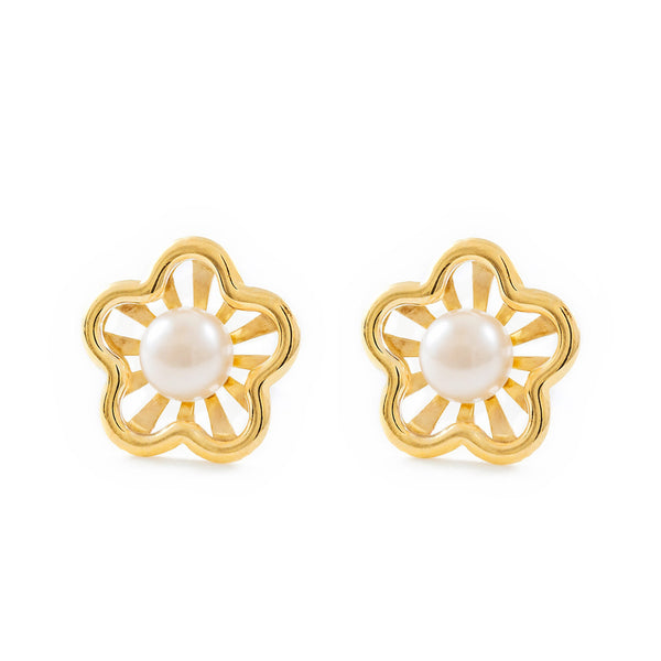 Boucles d'Oreilles Fille Enfant marguerite fleur Perle 3,5 mm Or Jaune 9 carats mates et brillantes