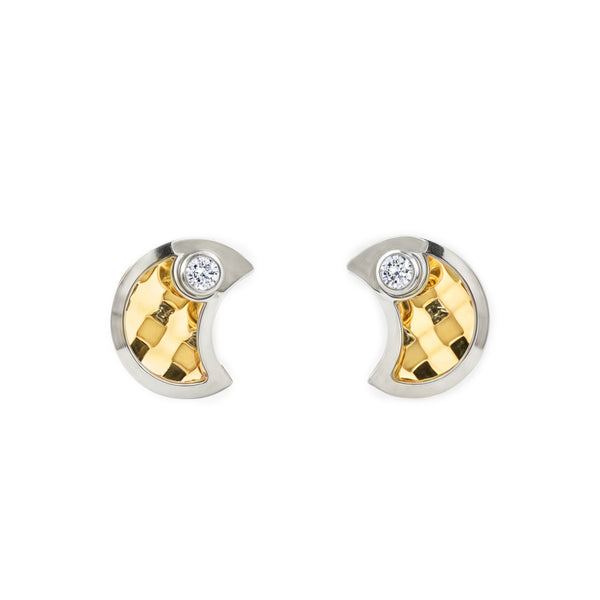 Boucles d'Oreilles Bebe Fille Enfant Lune Zircone Or Bicolore 9 Carats