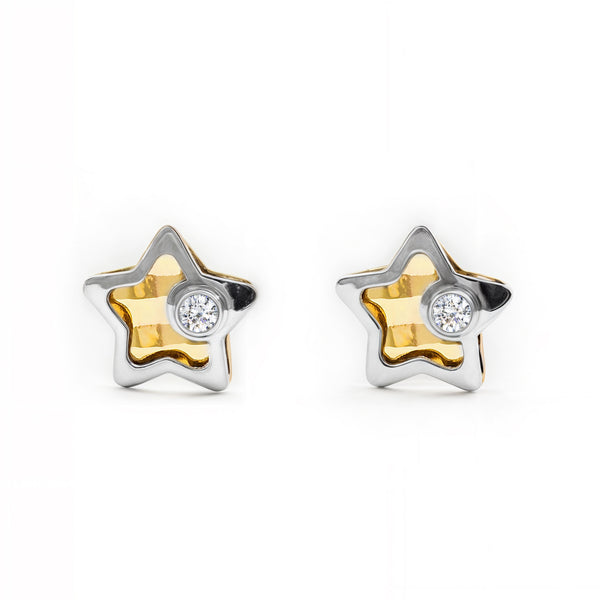 Boucles d'Oreilles Bebe Fille Enfant Étoile Zircone Or Bicolore 9 Carats
