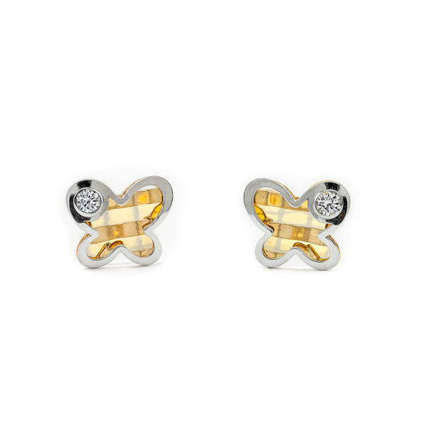 Boucles d'Oreilles Bebe Fille Enfant Papillon Zircone Or Bicolore 9 Carats