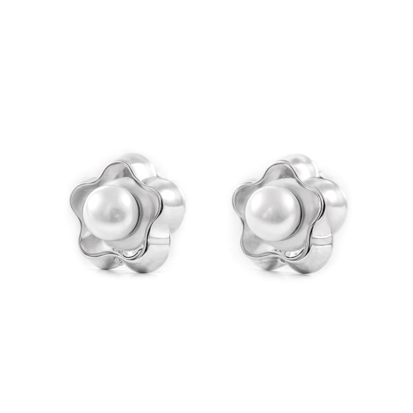 Boucles d'Oreilles Fille Enfant marguerite fleur Perle 3,5 mm Or Blanc 9 Carats