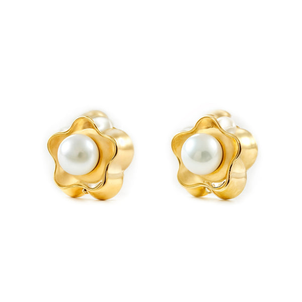 Boucles d'Oreilles Fille Enfant marguerite fleur Perle 3,5 mm Or Jaune 9 Carats