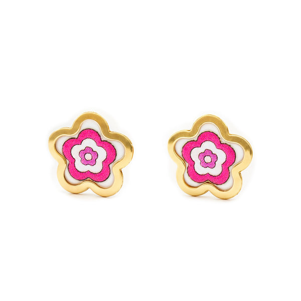 Boucles d'Oreilles Fille Enfant Émail rose marguerite fleur Or Jaune 9 Carats