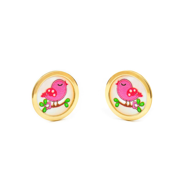 Boucles d'Oreilles Fille Enfant Émail multicolore Oiseau Or Jaune 9 Carats