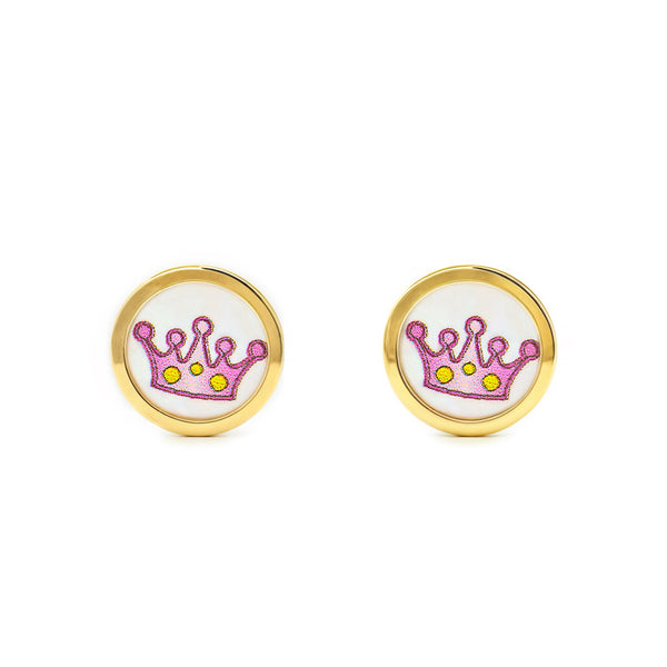 Boucles d'Oreilles Fille Enfant Émail violet couronner Or Jaune 9 Carats