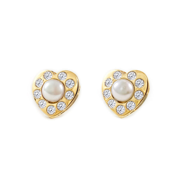 Boucles d'Oreilles Cœur Zircone Perle 3,5 mm Or Jaune 9 Carats