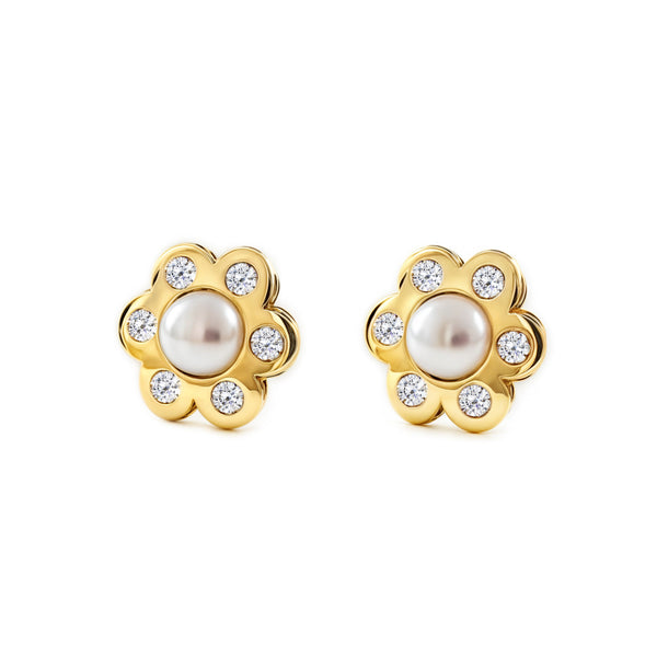Boucles d'Oreilles Fleur Zircone Perle 3,5 mm Or Jaune 9 Carats