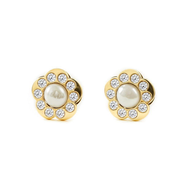Boucles d'Oreilles marguerite fleur Zircone Perle 3,5 mm Or Jaune 9 Carats