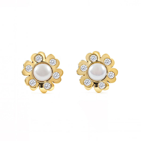 Boucles d'Oreilles Fleur Zircone Perle 3,5 mm Or Jaune 9 Carats