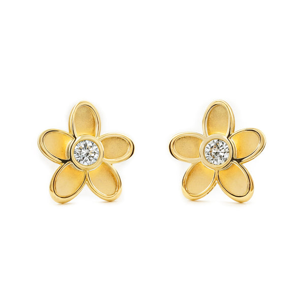 Boucles d'Oreilles marguerite fleur Zircone Or Jaune 9 carats mates et brillantes