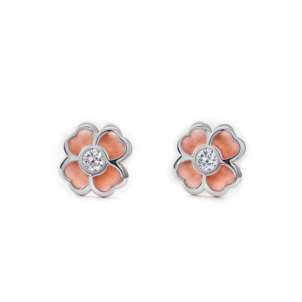 Boucles d'Oreilles Trèfle Zircone Or Bicolore 9 carats mates et brillantes