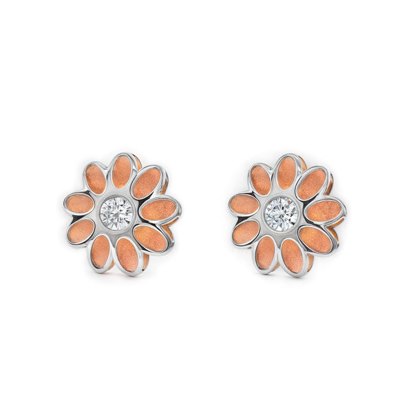 Boucles d'Oreilles Fleur Zircone Or Bicolore 9 carats mates et brillantes