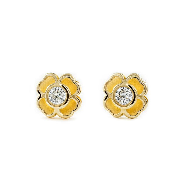 Boucles d'Oreilles Fille Enfant Trèfle Zircone Or Jaune 9 carats mates et brillantes