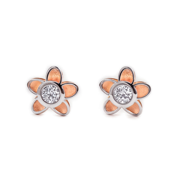 Boucles d'Oreilles Fille Enfant marguerite fleur Zircone Or Bicolore 9 carats mates et brillantes