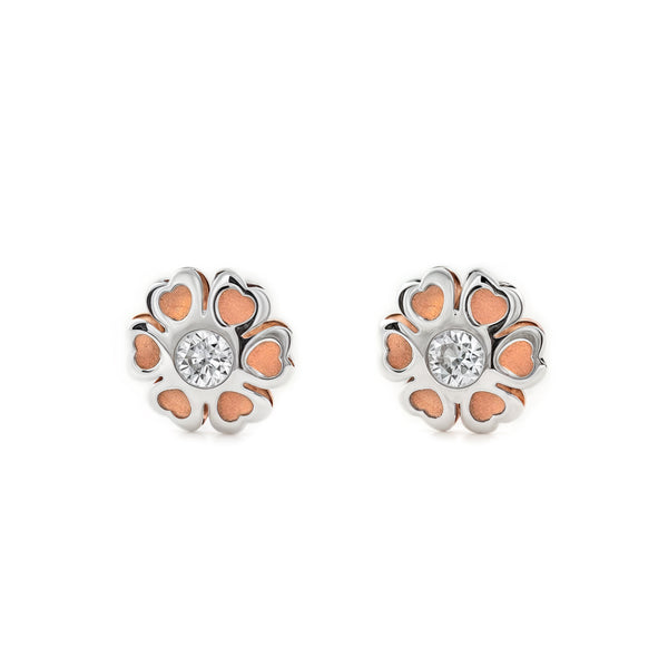 Boucles d'Oreilles Fille Enfant Cœur Zircone Or Bicolore 9 carats mates et brillantes