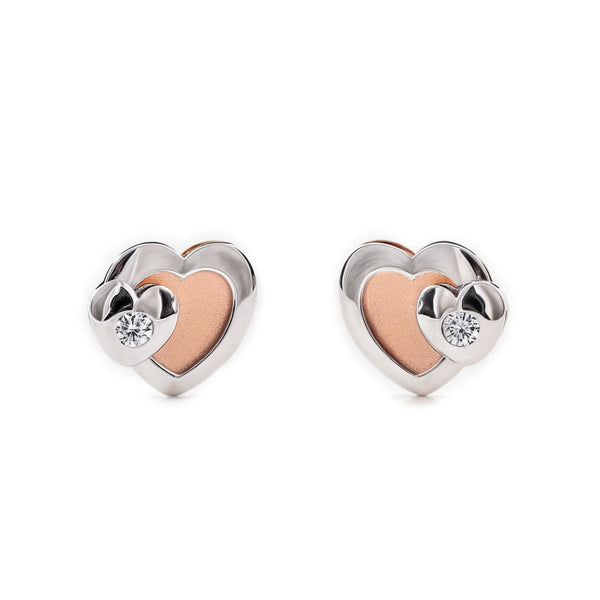 Boucles d'Oreilles Fille Enfant Cœur Zircone Or Bicolore 9 carats mates et brillantes