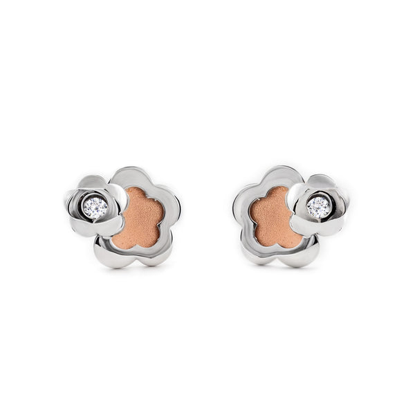 Boucles d'Oreilles Fille Enfant Fleur Zircone Or Bicolore 9 carats mates et brillantes