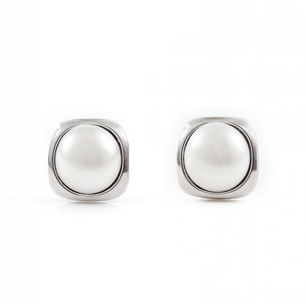 Boucles d'Oreilles Bebe Fille Enfant Carre Perle 4 mm Or Blanc 9 Carats