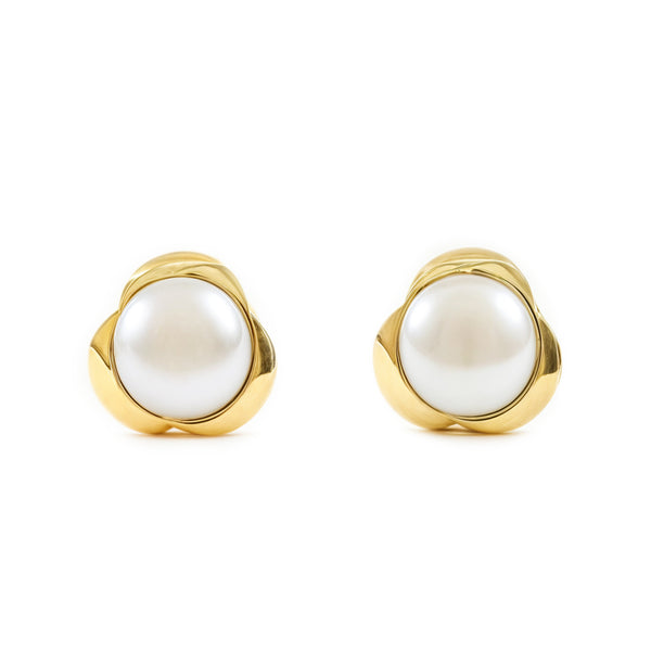 Boucles d'Oreilles Bebe Fille Enfant Trèfle Perle 4 mm Or Jaune 9 Carats