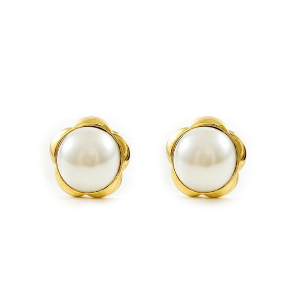 Boucles d'Oreilles Bebe Fille Enfant marguerite fleur Perle 4 mm Or Jaune 9 Carats