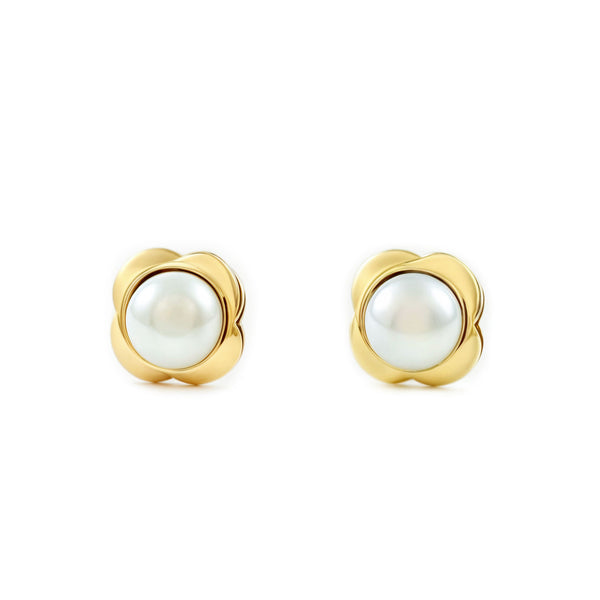 Boucles d'Oreilles Bebe Enfant Trèfle Perle 3 mm Or Jaune 9 Carats