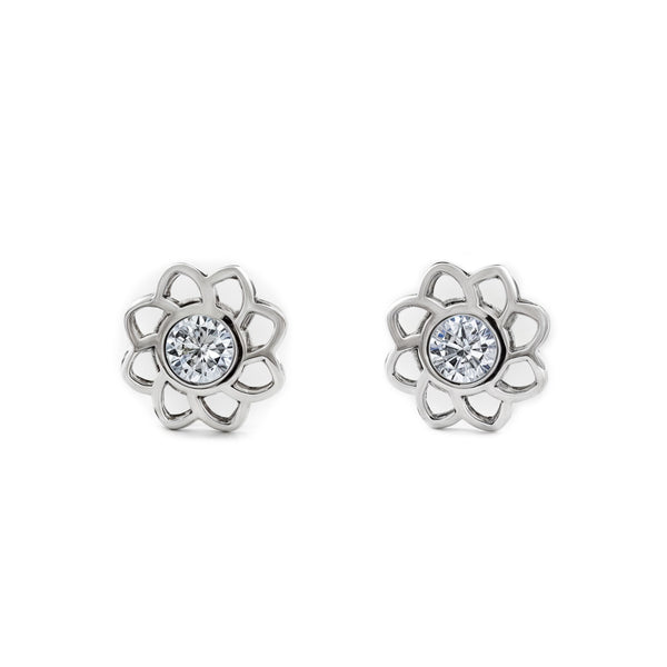 Boucles d'Oreilles Bebe Fille Enfant Fleur Zircone Or Blanc 9 Carats