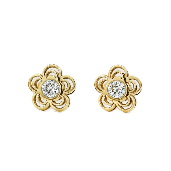Boucles d'Oreilles Bebe Fille Enfant marguerite fleur Zircone Or Jaune 9 Carats
