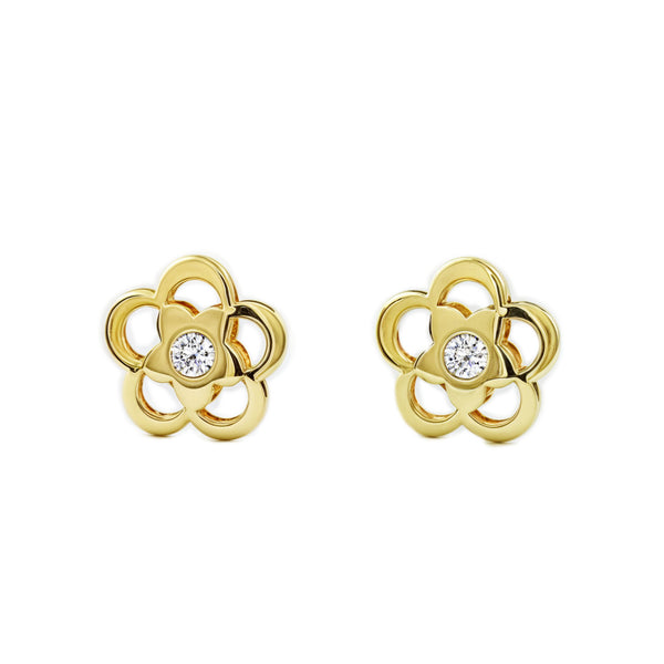 Boucles d'Oreilles Bebe Fille Enfant marguerite fleur Zircone Or Jaune 9 Carats
