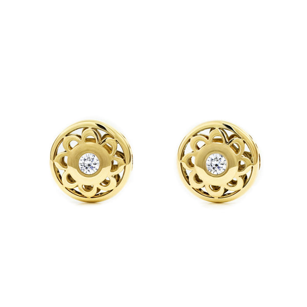 Boucles d'Oreilles Bebe Fille Enfant Ronde Zircone Or Jaune 9 Carats