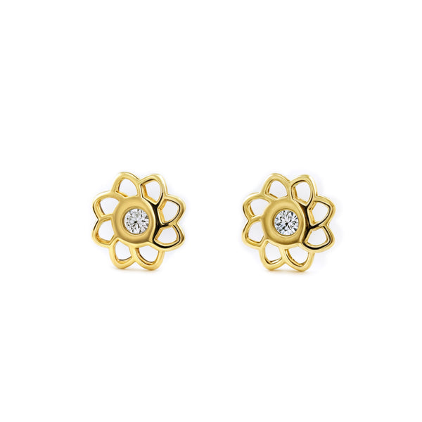 Boucles d'Oreilles Bebe Fille Enfant Fleur Zircone Or Jaune 9 Carats
