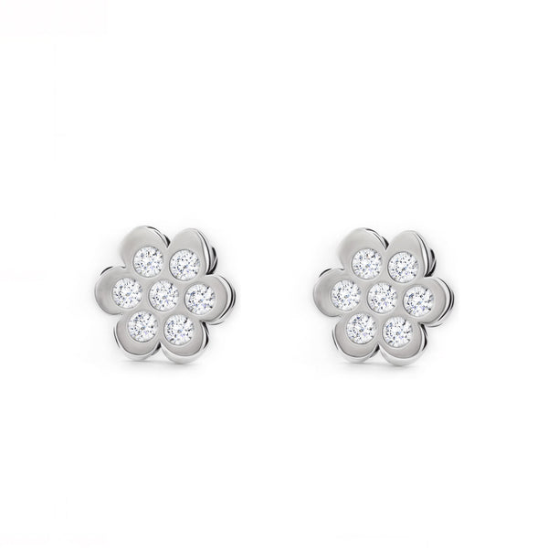 Boucles d'Oreilles Fille Enfant Fleur Zircone Or Blanc 9 Carats