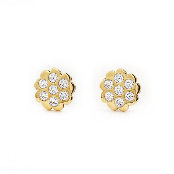 Boucles d'Oreilles Fille Enfant Fleur Zircone Or Jaune 9 Carats