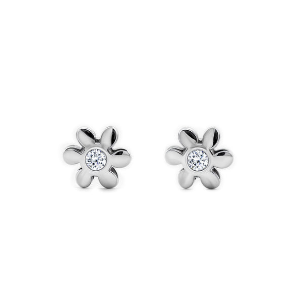 Boucles d'Oreilles Bebe Enfant Fleur Zircone Or Blanc 9 Carats