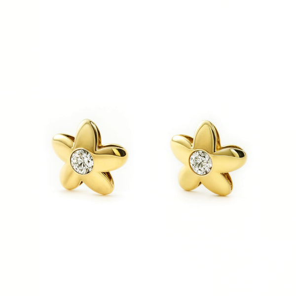 Boucles d'Oreilles Bebe Enfant Fleur Zircone Or Jaune 9 Carats
