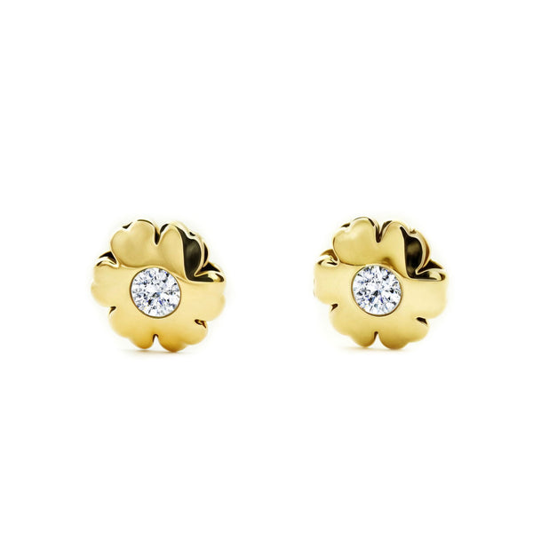 Boucles d'Oreilles Bebe Enfant Fleur Zircone Or Jaune 9 Carats