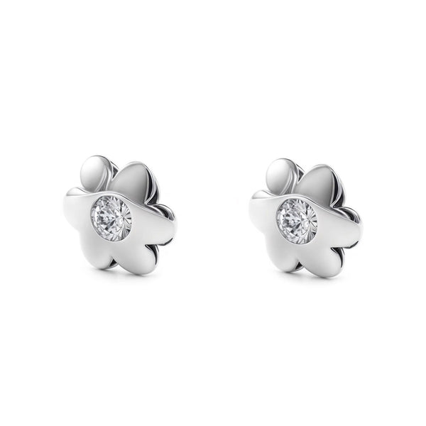 Boucles d'Oreilles Bebe Enfant Fleur Zircone Or Blanc 9 Carats