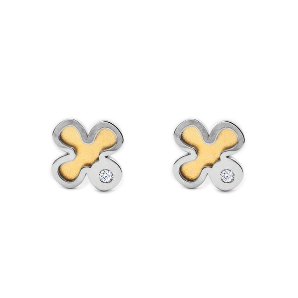 Boucles d'Oreilles Bebe Fille Enfant Trèfle Zircone Or Bicolore 9 carats mates et brillantes