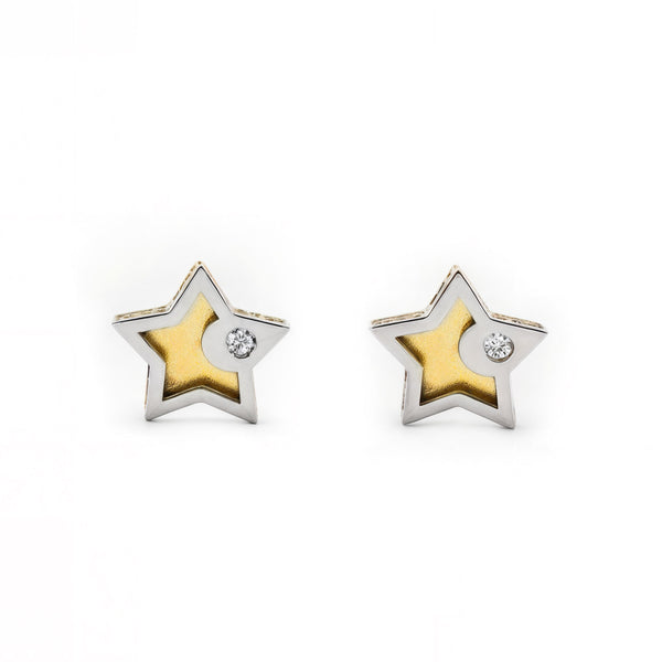 Boucles d'Oreilles Bebe Fille Enfant Étoile Zircone Or Bicolore 9 Carats