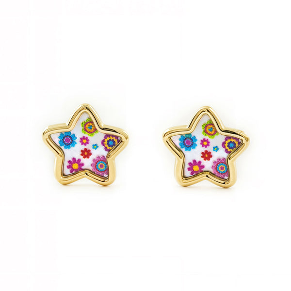 Boucles d'Oreilles Fille Enfant Nacre Étoile Émail multicolore Or Jaune 9 Carats