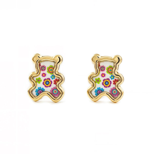 Boucles d'Oreilles Fille Enfant Nacre Ours Émail multicolore Or Jaune 9 Carats