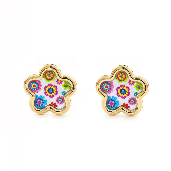 Boucles d'Oreilles Fille Enfant Nacre Fleur Émail multicolore Or Jaune 9 Carats