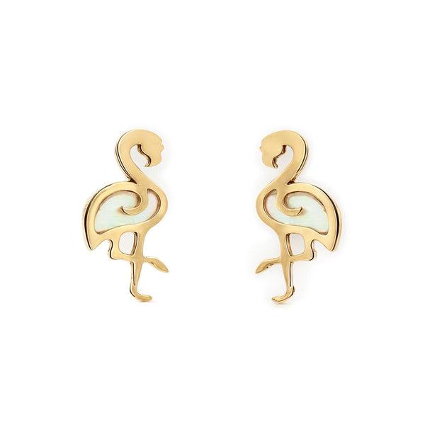 Boucles d'Oreilles Bebe Fille Enfant Nacre Flamand Or Jaune 9 Carats